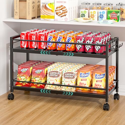 2-Tier Expandable Rolling Pantry Cart with Wheels, Adjustable Floor Organizer for Kitchen Pantry, Can Organizer for Pantry, Storage Cart for Snack, Food, Vegetables, Black, Patent Pending - color: Black