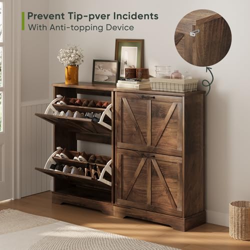 Smart FENDEE Shoe Cabinet, Shoe Storage Cabinet for Entryway with 2 Flip Drawers, Narrow Farmhouse Shoe Organizer Cabinet, Slim Shoe Rack Cabinet, 23.6in Walnut - color: Walnut, size: Width - 23.6 inches