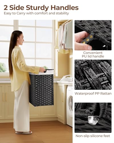 Greenstell Laundry Hamper with lid, No Install Needed, 110L Wicker Laundry Baskets Foldable 2 Removable Liner Bags, 2 Section Clothes Hamper Handwoven Rattan Laundry Basket with Handle, Black - color: Black, size: 110L (22.2x13.3x24.0 Inches)