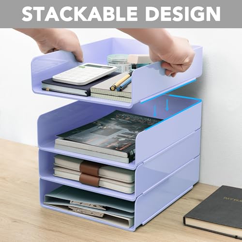 Tiawudi Desk Organizer, Office Organization and Storage, Plastic Letter Tray, Stackable File Organizer for Classroom, Home, Documents, Notes, Folders, Books and Pens, 4 Tier - color: Violet