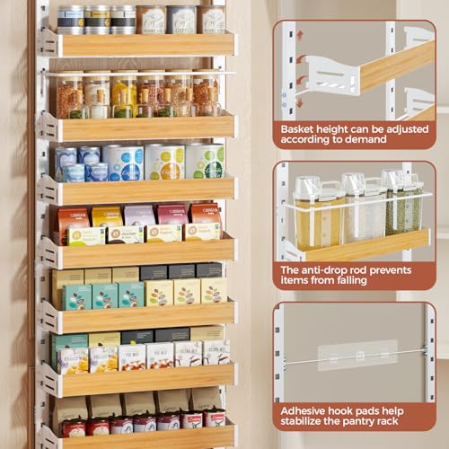 8-Tier Spice Rack Wall Mount, Heavy-Duty Over the Door Pantry Organizer with Wooden Adjustable Basket, 2 IN 1 Wall Mount or Hanging Pantry Door Organizer, Door Spice Rack for Home, White - color: White