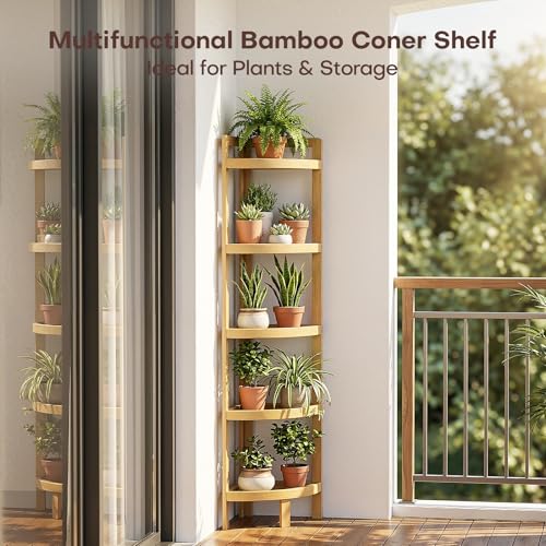 2026 New Bamboo Standing Shelf, 5 Tier Corner Shelf Stand, Free-Standing Shelf Units, Triangular Curved Corner Shelf Stand for Space-Saaving Display Ideal for Bathroom/Kitchen/Living Room Storage - size: 5-Tier