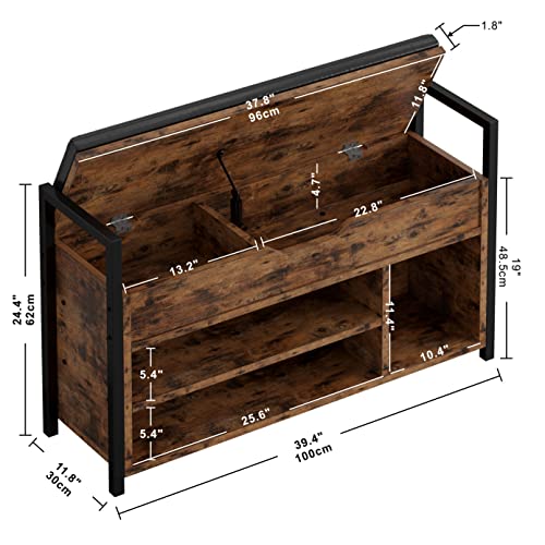 IRONCK Shoe Storage Bench, Entryway Bench with Lift Top Storage Box, Metal and Board Bench for Entryway, Two Tier Shoe Rack Organizer for Entryway, Hallway, Industrial, Vintage Brown - size: 39.4" W