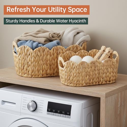 Coeusy Scalloped Basket Set of 2,Water Hyacinth Basket for Organizing and Decor,Hand-Woven Wicker Storage Baskets with Built-In Handles for Nursery,Gift,Laundry