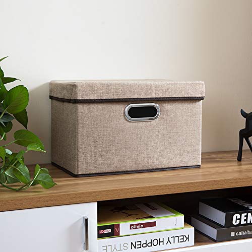 PRANDOM Collapsible Storage Cubes with Lids [3-Pack] Jute Fabric Foldable Storage Boxes Organizer Containers Baskets Bins with Cover for Home Bedroom Closet Office Nursery (14.9x9.8x9.8) - color: Khaki, size: M(3-Pack)