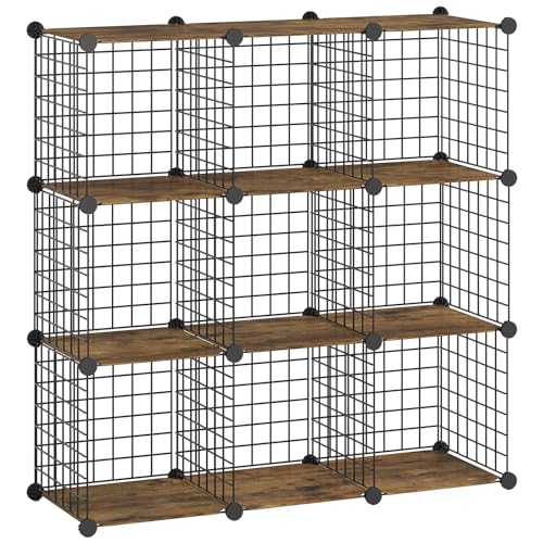 HOOBRO Floating Shelves for Wall and Wire Cube Storage Organizer, Wall Mounted Shelf Set of 2, 9-Cube Shelves, Modular Shelves with Metal Grid, DIY Closet Cabinet, BF80BJP201-BF09CW01