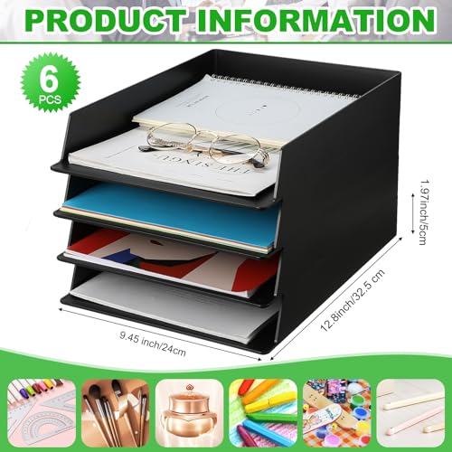 Wenqik 6 Pcs Stackable Paper Trays Rectangular Plastic Desk Holder Desktop Document File Organizer Storage Letter for Office Classroom (Black) - color: Black