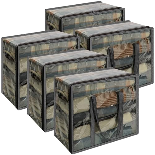Vieshful Grey 40L Clear Clothes Storage Bag with Zipper 5 Pack Colorful Clothes Organizer Vinyl Storage Bag for Comforter, Blanket, Bedding, Duvet, Transparent Moving Totes, Grey - color: Grey-5 Pack, size: 40L