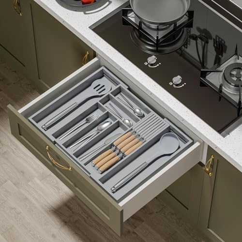 TIOPGHAD Bamboo-Silverware-Drawer-Organizer-Kitchen, Expandable Utensil Holder Cutlery Tray Flatware Organization Adjustable Wood Tableware Dividers Storage (with Removable Knife Block)(Grey) - color: Grey, size: Large