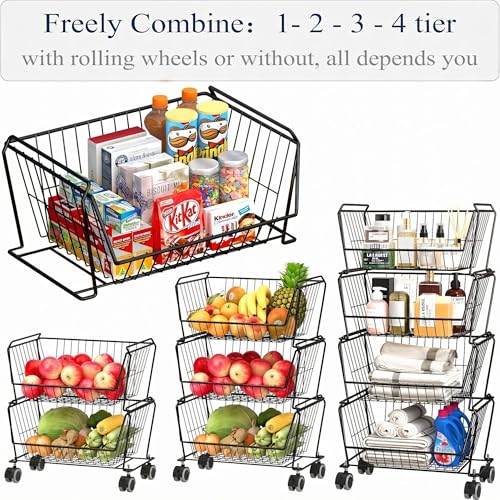 PUSDON 4-Tier Large Stackable Wire Storage Baskets with Wheels, Metal Rolling Utility Cart Organizer, Produce Basket for Kitchen Pantry, Floor Shelf, Matte Black - color: Matte Black, size: 4 Tier Plus
