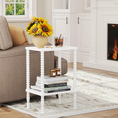 Side Table, 2-Tier Wood End Table, Vintage Bedside Nightstand with Open Storage Shelf for Living Room, Bedroom, Office, White - color: White, size: 2-Tier