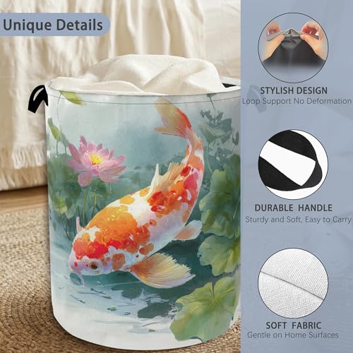 Goldfish Laundry Basket,Lotus Foldable Oxford Cloth Tote Bag Laundry Hamper Clothes Storage Bucket Organizer for Bedroom Laundry Storage Dormitories 16" x 20.8" - color: Goldfish Lotus