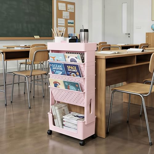 5-Tier Mobile Bookshelf, Rolling Bookcase Book Storage Rack, Movable File Folder Organizer Cart with Wheels for Home Study Office Living Room Classroom, Light Pink - color: Light Pink, size: 5-Tier