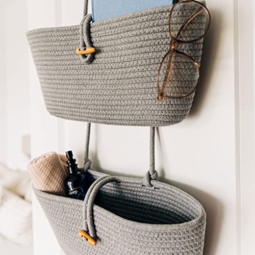 OrganiHaus Grey Wall Hanging Storage Basket | Behind Door Storage | Wall Storage Baskets Over Door | 3 Tier Hanging Basket | Woven Baskets Bathroom Organizer | Wall Hanging Baskets for Organizing - color: Full Light Gray