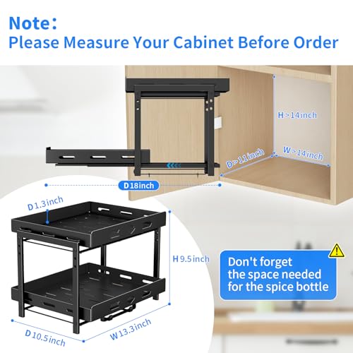 BOIVSHI Spice Organization for Cabinet, 2-Tier Cabinet Spice Rack, Height Adjustable Vertical Spice Rack Pull Out for Kitchen, Cabinet, Pantry (14.1''Wx10.8''Dx9.2''H, Metal Black) - size: 14.1''Wx10.8''Dx9.2''H,2 Tier