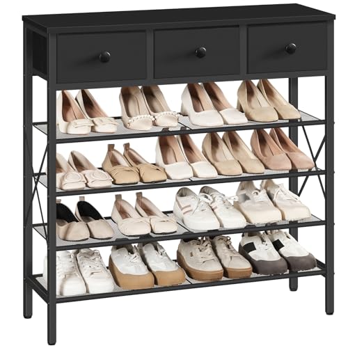 YATINEY 5-Tier Shoe Rack with 3 Drawers, Metal Shoe Organizer for 20 Pairs with Storage Shelves and Wooden Top, for Entryway, Hallway, Foyer, Closet, Black SS35BB - color: Black, size: 5 Tiers (37.6"H)