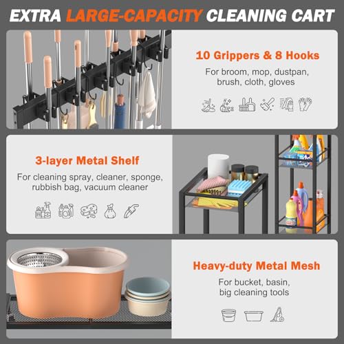 Broom Holder with Cleaning Supplies Organizer, Broom Closet Storage Cabinet with Cleaning Caddy, Cleaning Cart with Mop Hanger Gripper Rack Hooks,Janitorial Housekeeping cart,Laundry Room Organization - size: Large