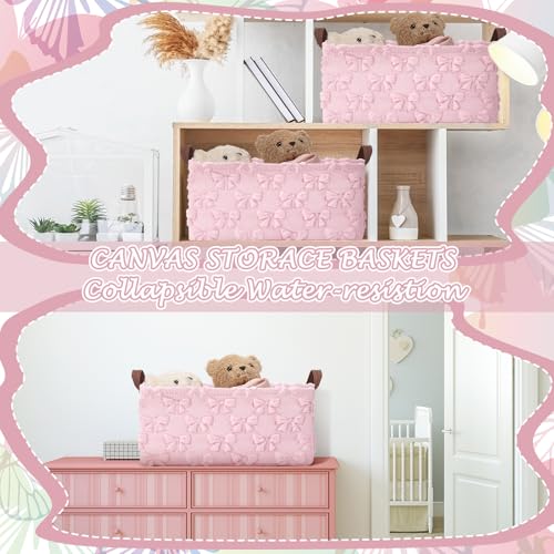 Kathfly 3 Pcs Bow Foldable Storage Baskets Pink Bow Plush Faux Fur Jacquard Design Laundry Basket with Handles Waterproof Storage Bins Fabric Shelf Baskets for Organizing Closet Clothes - style: Pink Bow