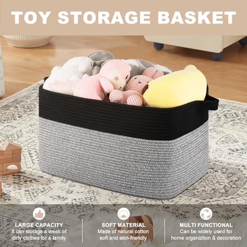 OIASKET Blanket Basket for Living Room, Woven Cotton Rope Basket for Storage Clothes, Towels, Pillows, Toy Storage Bin for kids with Handles, 20" x 16" x 12", Black and Grey - color: Black & Grey, size: 19.7"x15.8"x11.8"