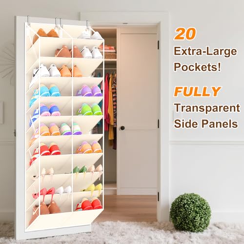 UVIAHOMI 20-30 Pairs Over the Door Shoe Organizer, Clear Pockets Hanging Shoe Storage for Closet, 10-Tier Door Shoes Rack, Handing Shoes Holder Fit All the Family's Sneakers, Boots, Heels, Beige - color: Beige