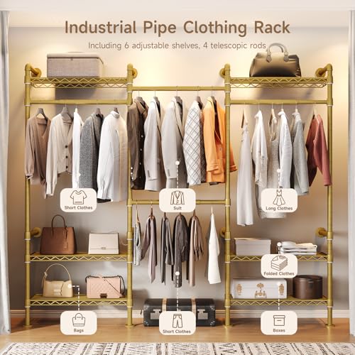 Wall Mounted Garment Rack, Walk-in Closet System with Expandable Rods, Adjustable Shelves, Industrial Pipe Clothing Racks, Hanging Clothes Organizers and Storage, Metal Closet Shelving Wardrobe - color: Gold