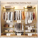 Wall Mounted Garment Rack, Walk-in Closet System with Expandable Rods, Adjustable Shelves, Industrial Pipe Clothing Racks, Hanging Clothes Organizers and Storage, Metal Closet Shelving Wardrobe - color: Gold