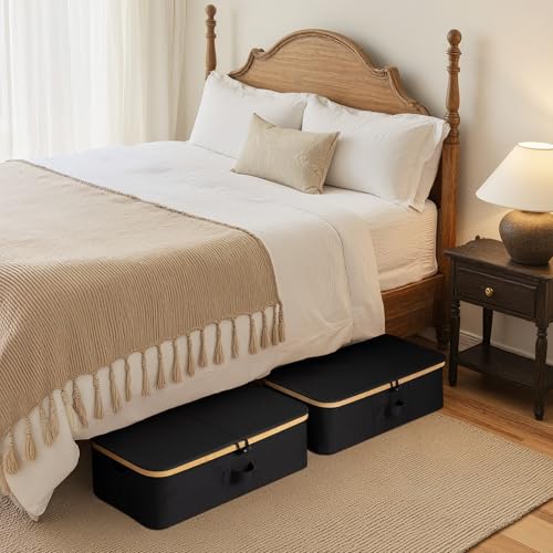 StorageWorks Underbed Storage Containers with Lids, 2-Pack 7" Low Profile Under Bed Storage Box with Bamboo Frame for Clothes, Bedding, Blankets and Shoes, 42L Sturdy Fabric Organizer, Black - color: Black, size: 2