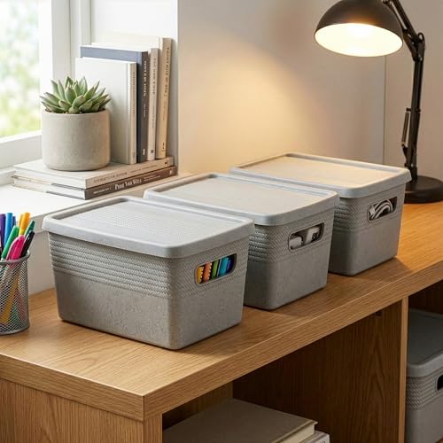 BINO | Plastic Storage Bins with Lids, 5 Liter - 3 Pack, Natural Grey | THE BRAIDED COLLECTION | Plastic Bins for Organization Woven Storage Baskets for Organizing Pantry Shelf Organizer Basket Bin - color: Natural Grey, size: 5L | 3-Pack