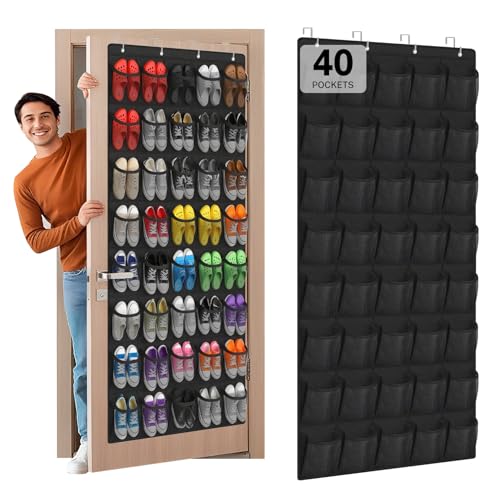 Over the Door Shoe Organizer,40-Pocket Hanging Shoe Rack for Closet Door,Shoes Storage Holder Hanger with Large Mesh Pocket for Women Men Shoes,Flip Flops(Black) - color: Black
