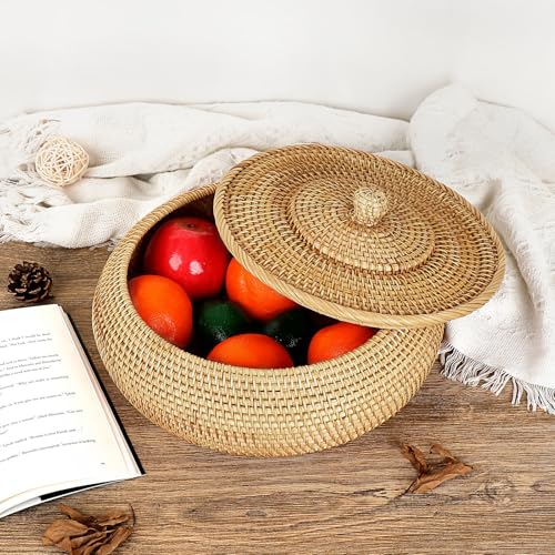 Hipiwe Round Rattan Boxes with Lid, X-Large Woven Bread Basket Natural Rattan Basket Wicker Storage Box Decorative Basket for Coffee Table Farmhouse Picnic Fruit Storage Basket - size: X-Large,10.3"D x 4.3"H