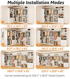Closet Organizer System of 4 Sets with 3 Drawers, 9 Hanging Rods & 8 Shelves, 157" Walk in Closet System, Corner Closet Organizer, Modular Standalone Closet, White