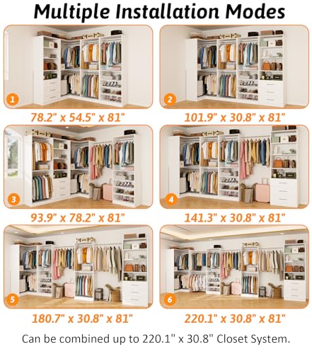 Closet Organizer System of 4 Sets with 3 Drawers, 9 Hanging Rods & 8 Shelves, 157" Walk in Closet System, Corner Closet Organizer, Modular Standalone Closet, White