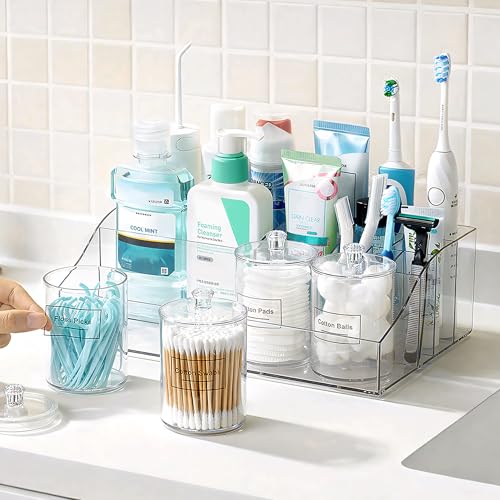 Vtopmart 5 PCS Bathroom Countertop Organizer, 1 Divided Tray with 4 Qtip Holder Jars, Restroom Clear Organizers for Toothbrush, Cotton Pads Balls, Floss, Bathroom Vanity Accessories Storage Set - color: Clear