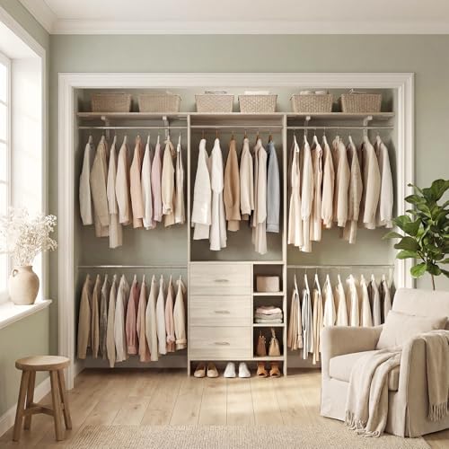 Aheaplus Closet System - 8FT Organizer with 3 Wooden Drawers, Fits 5.3-9 ft Walk-in Closet, White Oak - color: White Oak