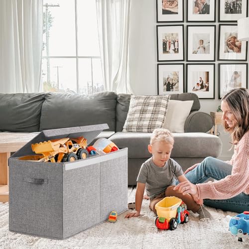 INDRESSME 25"x13"x16" Large Toy Storage Box with Lid, Toy Storage Organizer Toy Basket with Dividers for Playroom, Bedroom, Closet, Toy Bin for Kids Baby Boys Girls (Grey) - color: Light Grey, size: 25"x13"x16"