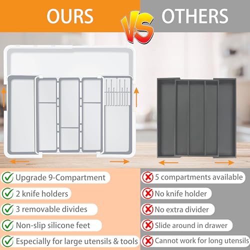 Homecor Large Utensil Organizer for Kitchen Drawer, Expandable Silverware Drawer Organizer Cooking Tray, Cutlery and Flatware Utensil Holder Kitchen Spatula Tools Storage with 3 Dividers, Grey - color: Grey