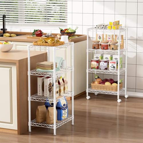 Golpart Small 4 Tier Shelves Storage Wire Shelving Unit Metal Shelf Adjustable Organizers Storage Shelving with Wheels for Bathroom Laundry Room Kitchen Pantry12”D x 18”W x 44.8”H White - color: White, size: 4 shelves (12 "D X 18 "W X 44.8 "H)