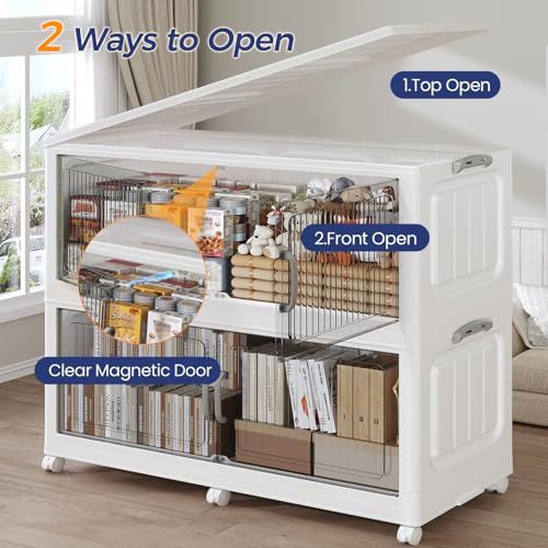 250Gal Extra Large Stackable Storage Bins with Lid (5-Pack), 1000QT Foldable Organizer with Clear Magnetic Doors & Wheels, Plastic Cabinet for Bedroom, Garage, Dorm, Closet, Home, Kitchen