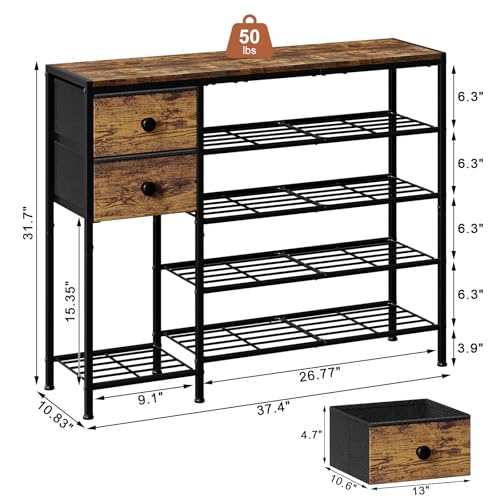 5-Tier Shoe Rack with 2 Fabric Drawers, Metal Frame and Wooden Board Shoe Organizer for 16-20 Pairs of Shoes, Shoe Shelf with Boots Storage for Entryway Closet Rustic Brown - color: Rustic Brown