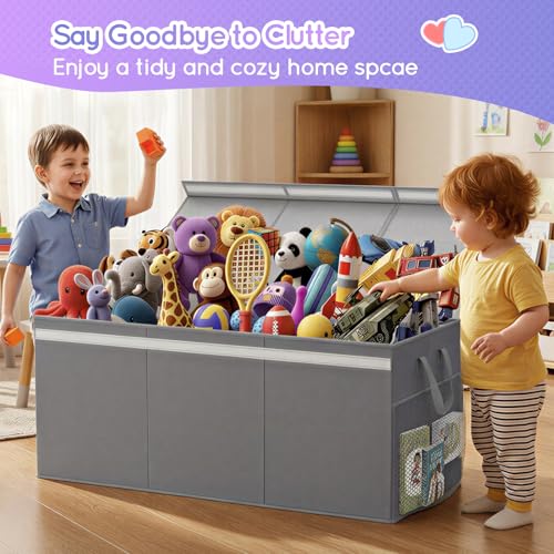 Lewondr 160L Extra Large Toy Storage Organizer with Lid, 40"x16"x16"Collapsible Sturdy Toy box, Toy Chest for Boys Girls, Toybox Storage Bins with 3 Removable Dividers for Living Room, Nursery, Grey