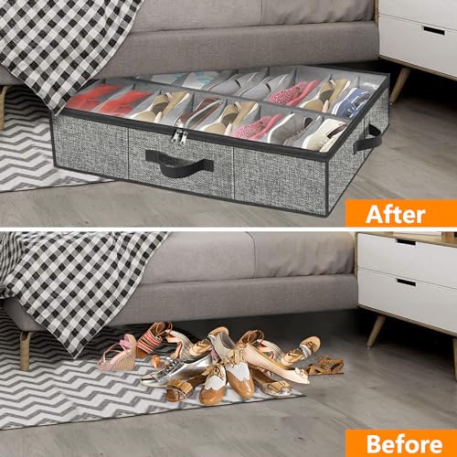 homyfort Under the Bed Shoe Storage Organizer for Closet, Extra Large Underbed Shoe Container, 2 Pack Fits 32 Pairs - color: Dark Gray with Pattern