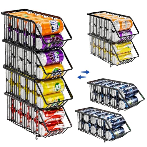 Stackable Soda Can Organizer Rack, Stacking Can Dispensers Refrigerator Organizer Bins Pop Soda Dispenser Canned For Fridge, Freezer, Kitchen, Cabinets (Black, 6)
