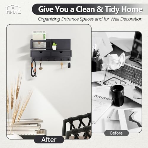 Key Holder for Wall, Key and Mail Holder for Wall with Storage Drawer, Entryway Rustic Home Decor, 3 Liquid Chalks & Chalkboard, 15.98”W x 9.1”H x 3.3”D, Black - color: Black