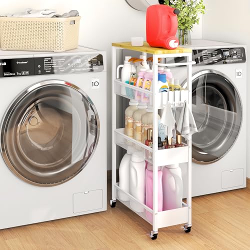Vincona Slim Storage Cart on Wheels, 4 Tier Metal Narrow Rolling Cart with Handle and Wood Top, Multifunctional Small Mobile Shelf Unit Organizer Trolley for Laundry, Bathroom, Kitchen - color: White, size: 7.1" wide