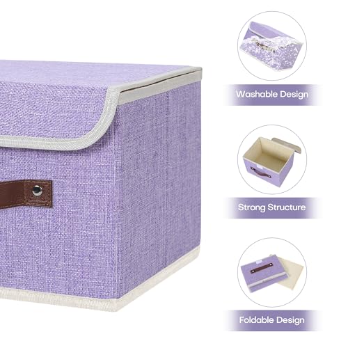 ANMINY 2PCS Storage Bins with Lid PU Leather Handles Storage Boxes PP Plastic Board Decorative Foldable Lidded Cotton Linen Fabric Home Cubes Baskets Closet Organizer Containers - Purple, Small Size - color: Purple, size: Small (Pack of 2)