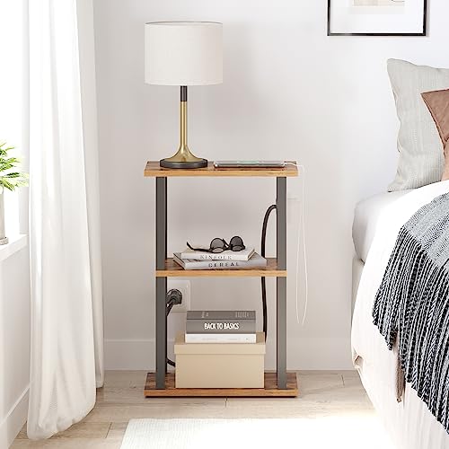 TUTOTAK Small Narrow Side Table with Charging Station, Skinny End Table for Small Spaces, Slim Nightstand with USB Ports and Outlet, Sofa Beside Table with Wheels, Brown TB01BB046 - color: Brown, size: 1 PC, style: With Plug