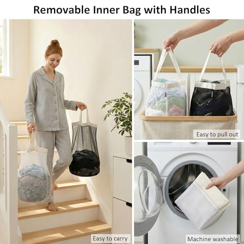 efluky Laundry Hamper with Lid, Double Laundry Hamper with 2 Removable Bags, 2 Section Laundry Basket with Bamboo Handles for Bathroom, Bedroom & Laundry Room, 140L (36.9 Gallon) Beige - color: Beige, size: 140L Dual