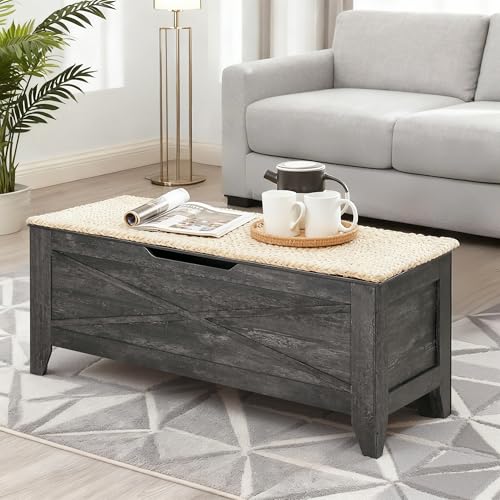 VECELO 43.3" Storage Bench, Entryway Shoe Ottoman, Farmhouse Style Bench with Handwoven Cushion and Metal Safety Hinges, for Bedroom, Living Room, Entryway, Gray - color: Grey, size: 43.3"W