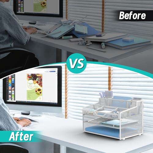 3 Tier Mesh Desk Organizer,Multi Functional Letter Paper Tray with 3 Pen Holders and 5 Adjustable Storage Compartments for Office Supplies Files and Mail Space Saving Desktop Organizer-White - color: 3 Tier-white