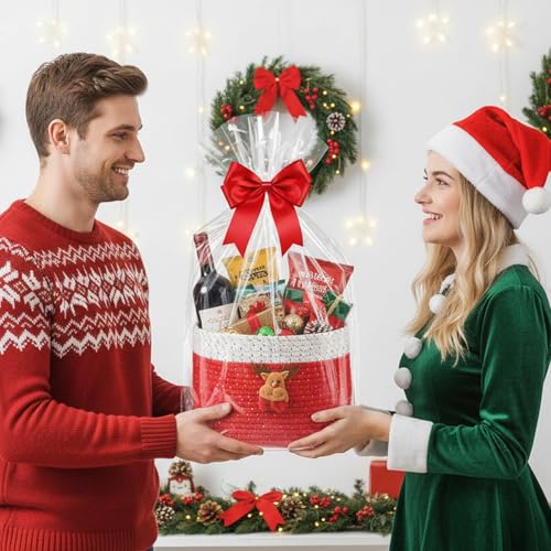 INough Christmas Baskets Cotton Rope Baskets for Christmas Empty Red Christmas Toy Bin, Christmas Gift Bin Large Blanket Storage Baby Basket for Kids Room/Living room (Reindeer Large) - color: Red Reindeer